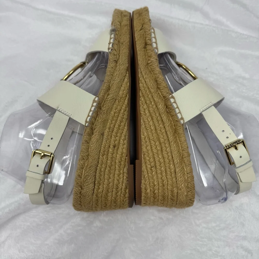 Lauren Ralph‎ Lauren White Leather Bena Wedge Espadrilles Size 7.5 Gold-tone